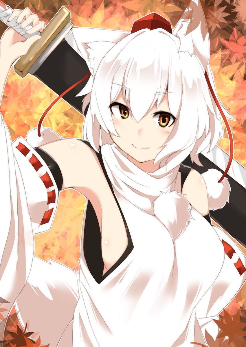 1girl absurdres animal_ears autumn_leaves bare_shoulders breasts detached_sleeves eyebrows_visible_through_hair hat highres houkai_(collapse_illust) inubashiri_momiji large_breasts looking_at_viewer over_shoulder pom_pom_(clothes) ribbon-trimmed_sleeves ribbon_trim shirt short_hair sideboob silver_hair sleeveless sleeveless_shirt solo sword sword_over_shoulder tail tokin_hat touhou turtleneck weapon weapon_over_shoulder white_shirt wolf_ears wolf_tail yellow_eyes