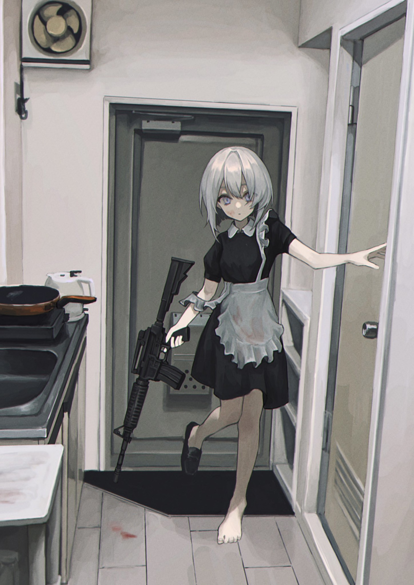 1girl apron assault_rifle bangs black_dress blood blood_on_face bloody_clothes blue_eyes door dress gun highres holding holding_gun holding_weapon indoors kettle kitchen off_shoulder original removing_shoes rifle short_hair short_sleeves sink solo weapon white_apron white_hair zumochi