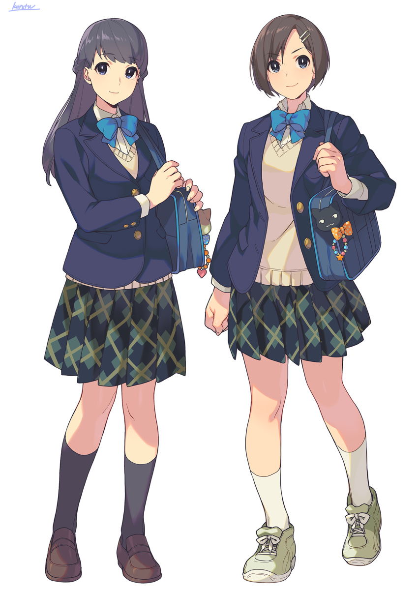 2girls bag black_legwear blue_bow blue_bowtie blue_eyes blue_jacket blue_neckwear blue_skirt bow bowtie braid bright_pupils brown_footwear brown_hair closed_mouth female french_braid full_body green_footwear grey_hair grey_vest hair_ornament hairclip highres jacket kotatsu_(g-rough) loafers long_hair long_sleeves looking_at_viewer multiple_girls open_blazer open_clothes open_jacket orange_bow original pin plaid plaid_skirt pleated_skirt polka_dot polka_dot_bow school_uniform shoes short_hair shoulder_bag signature simple_background skirt smile socks standing sweater_vest vest white_background white_legwear