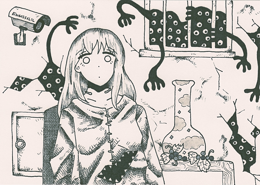 1girl absurdres bangs barred_window crack cracked_wall eyes food fruit grapes greyscale highres leaf looking_at_viewer monochrome monster original rayfish1000177 safe_(container) solo traditional_media white_eyes