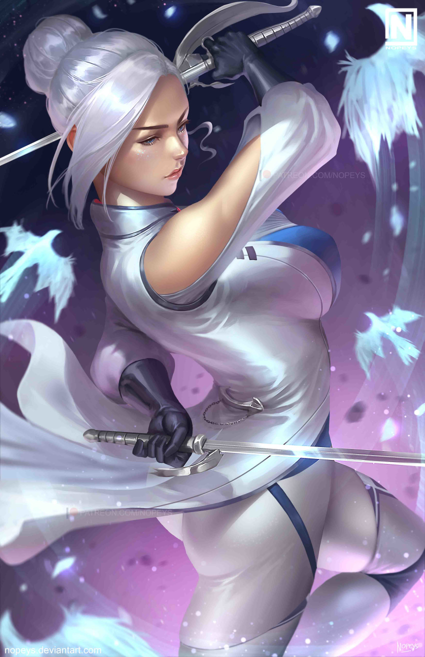 1girl absurdres ass black_gloves blue_eyes breasts clothing_cutout dual_wielding forehead gloves hair_bun highres holding large_breasts lips norman_de_mesa profile rwby short_hair shoulder_cutout silver_hair solo sword watermark weapon winter_schnee