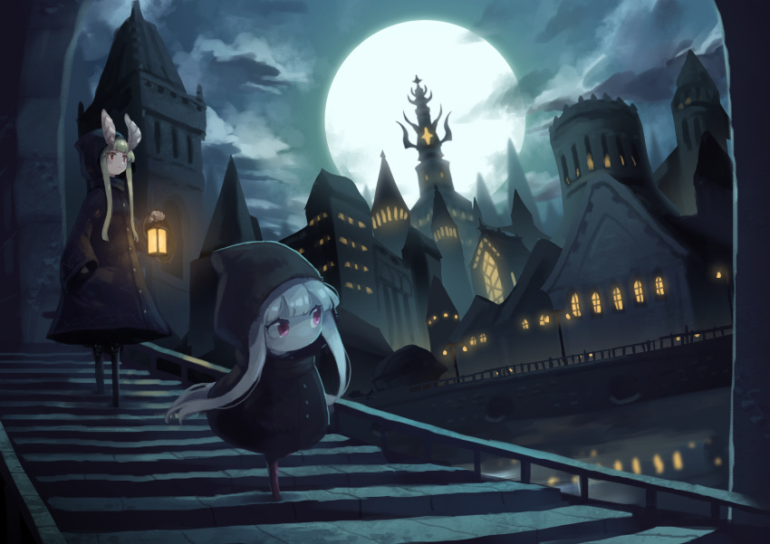 2girls absurdres black_coat blonde_hair castle city_lights cityscape closed_mouth clouds cloudy_sky coat eye_(okame_nin) full_moon hands_in_pockets highres hood hood_up hooded_coat horns iga_(okame_nin) jitome long_hair long_sleeves moon multiple_girls night night_sky no_mouth okame_nin original red_eyes reflection river sky stairs walking white_hair white_skin