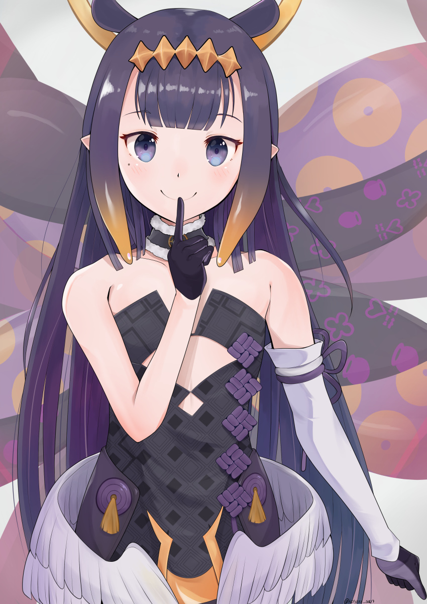 1girl absurdres bare_shoulders black_dress cleavage_cutout clothing_cutout clover_print detached_collar detached_sleeves dress feathered_wings finger_to_mouth flat_chest fur_trim gloves grey_background hair_ornament half_gloves heart heart_print highlights highres hololive hololive_english light_blush long_hair looking_at_viewer mole mole_under_eye multicolored_hair ninomae_ina'nis pointy_ears purple_gloves purple_hair simple_background single_sleeve smile solo strapless strapless_dress tentacles upper_body user_tgsh2438 violet_eyes virtual_youtuber wings