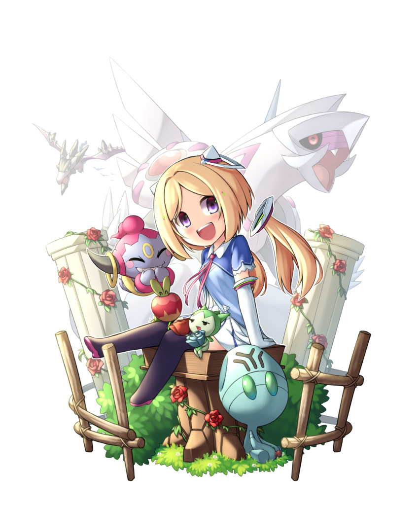 1girl aerodactyl aki_rosenthal applin blonde_hair crossover detached_hair elgyem english_commentary gen_1_pokemon gen_3_pokemon gen_4_pokemon gen_5_pokemon gen_8_pokemon highres hololive legendary_pokemon looking_at_viewer open_mouth palkia pinguinkotak pokemon pokemon_(creature) roselia smile violet_eyes younger