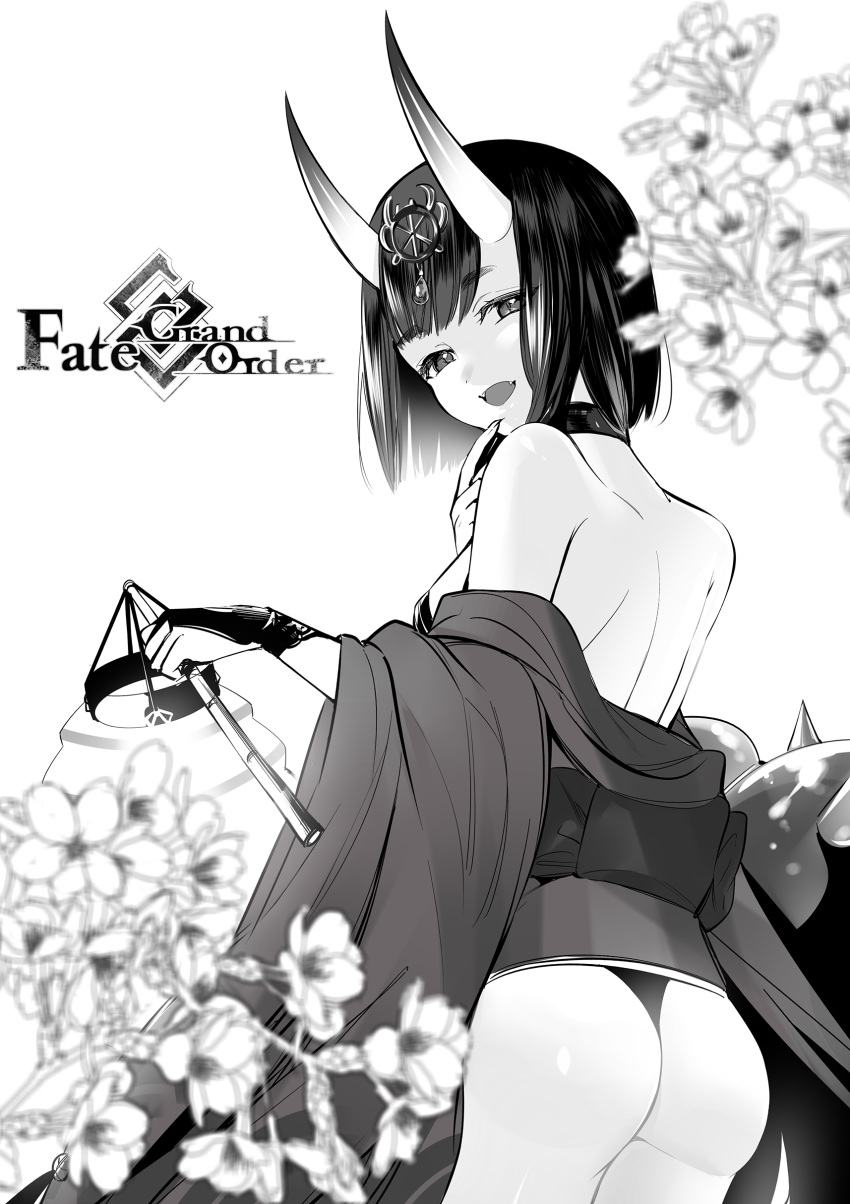 1girl absurdres ass back bangs bare_shoulders bob_cut breasts eyeliner fate/grand_order fate_(series) headpiece highres horns japanese_clothes kimono long_sleeves looking_at_viewer looking_back makeup monochrome off_shoulder oni oni_horns open_mouth revealing_clothes short_hair shuten_douji_(fate/grand_order) skin-covered_horns small_breasts smile tate_(donnguriumai) wide_sleeves