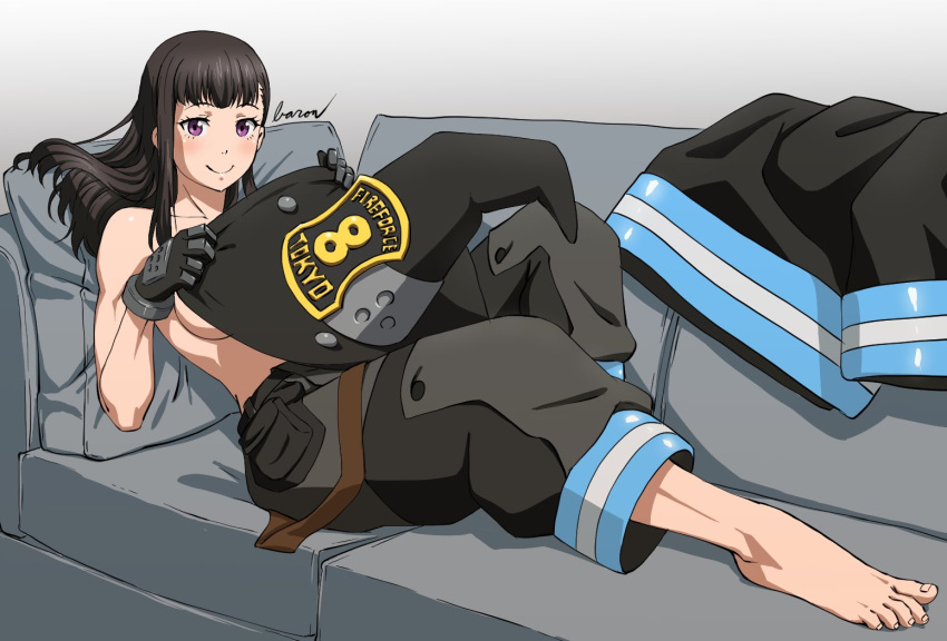 1girl baggy_pants barefoot baron_(varon666) black_gloves black_hair black_pants breasts couch en'en_no_shouboutai feet gloves half-closed_eyes hat long_hair looking_at_viewer lying maki_oze on_couch pants pillow smile solo toes topless violet_eyes witch_hat