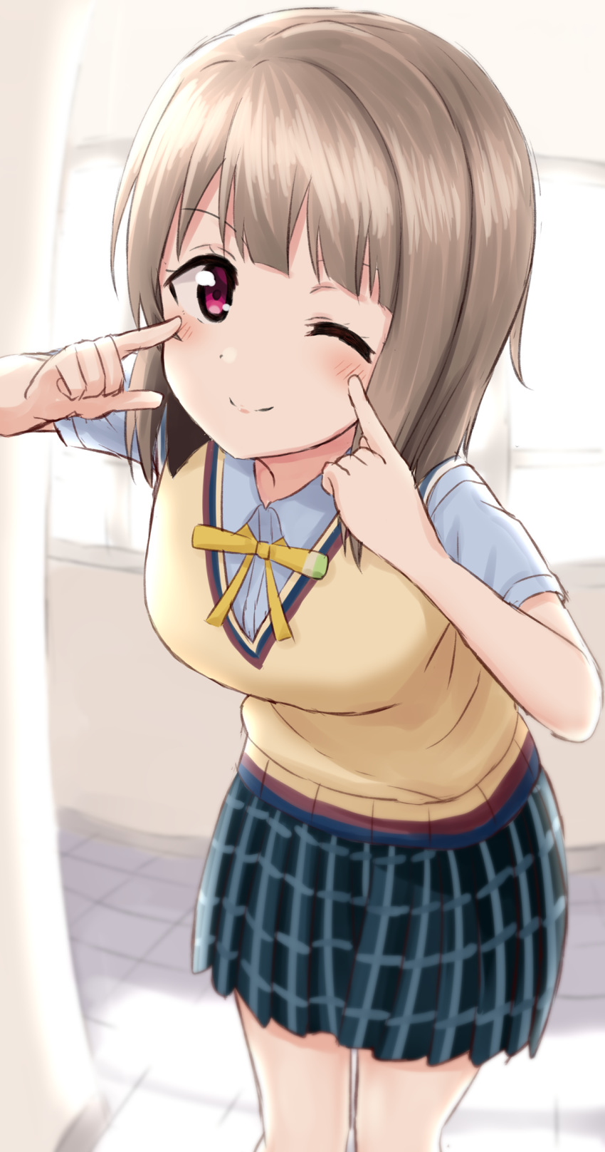 1girl bangs blue_skirt bob_cut brown_hair collared_shirt commentary_request engiyoshi highres love_live! love_live!_nijigasaki_high_school_idol_club nakasu_kasumi neck_ribbon nijigasaki_academy_uniform one_eye_closed plaid plaid_skirt pleated_skirt red_eyes ribbon school_uniform shirt short_hair short_sleeves skirt smile solo summer_uniform sweater_vest yellow_neckwear yellow_ribbon