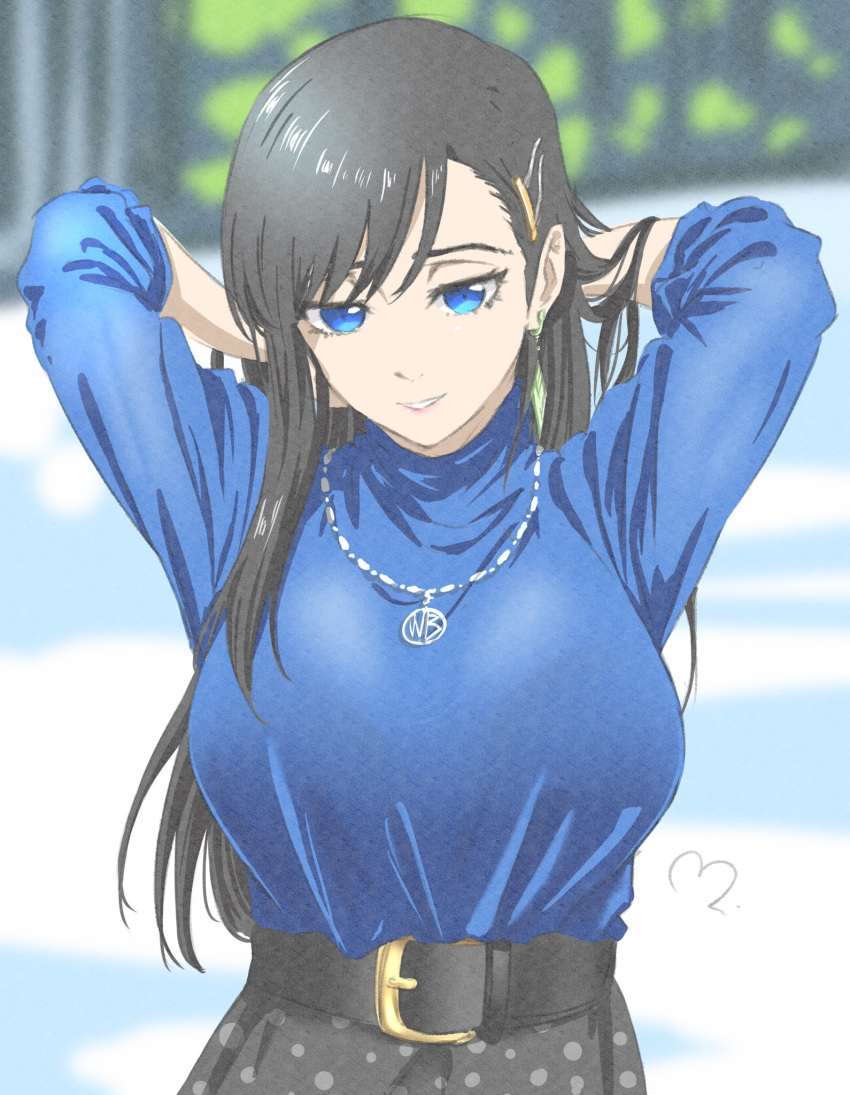 1girl arms_up bangs belt black_hair black_skirt blue_eyes blue_shirt blurry blurry_background breasts burn_the_witch commentary day earrings eyelashes grin hair_ornament hairclip hands_in_hair highres jewelry large_breasts lips long_hair looking_at_viewer mitsugu necklace niihashi_noel outdoors polka_dot shirt skirt smile solo straight_hair swept_bangs turtleneck upper_body