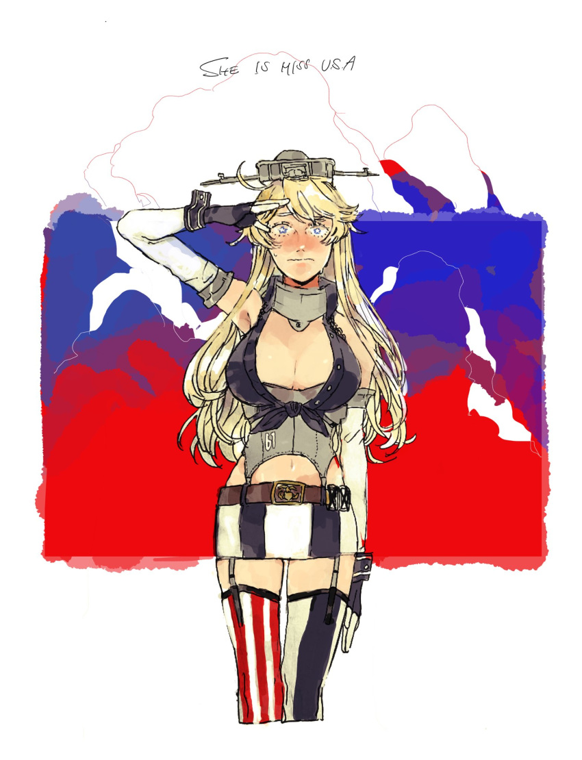 1girl 3107_(satona) blonde_hair blue_eyes breasts cropped_legs english_commentary english_text fingerless_gloves front-tie_top garter_straps gloves highres iowa_(kantai_collection) kantai_collection large_breasts long_hair looking_at_viewer miniskirt mismatched_legwear salute skirt solo standing striped striped_legwear thigh-highs vertical-striped_legwear vertical-striped_skirt vertical_stripes