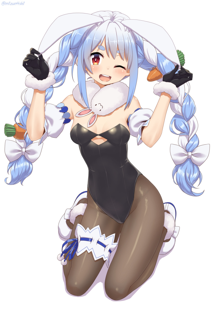 1girl ;d animal_ears arms_up bangs bare_shoulders black_gloves black_leotard blue_hair bow braid breasts carrot_hair_ornament detached_sleeves don-chan_(usada_pekora) eyebrows_visible_through_hair food_themed_hair_ornament full_body fur-trimmed_gloves fur_trim gloves groin hair_bow hair_ornament highres holding_ears hololive kneeling leotard long_hair looking_at_viewer mizunashi_(second_run) multicolored_hair one_eye_closed open_mouth puffy_short_sleeves puffy_sleeves rabbit_ears red_eyes shadow short_eyebrows short_sleeves small_breasts smile strapless strapless_leotard thick_eyebrows twin_braids twintails two-tone_hair upper_teeth usada_pekora very_long_hair virtual_youtuber white_background white_bow white_hair white_sleeves