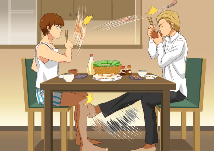 2boys amuro_ray blonde_hair breakfast brown_hair char's_counterattack char_aznable chopsticks closed_eyes eating egg fried_egg gundam kicking multiple_boys salad short_hair sitting sunny_side_up_egg