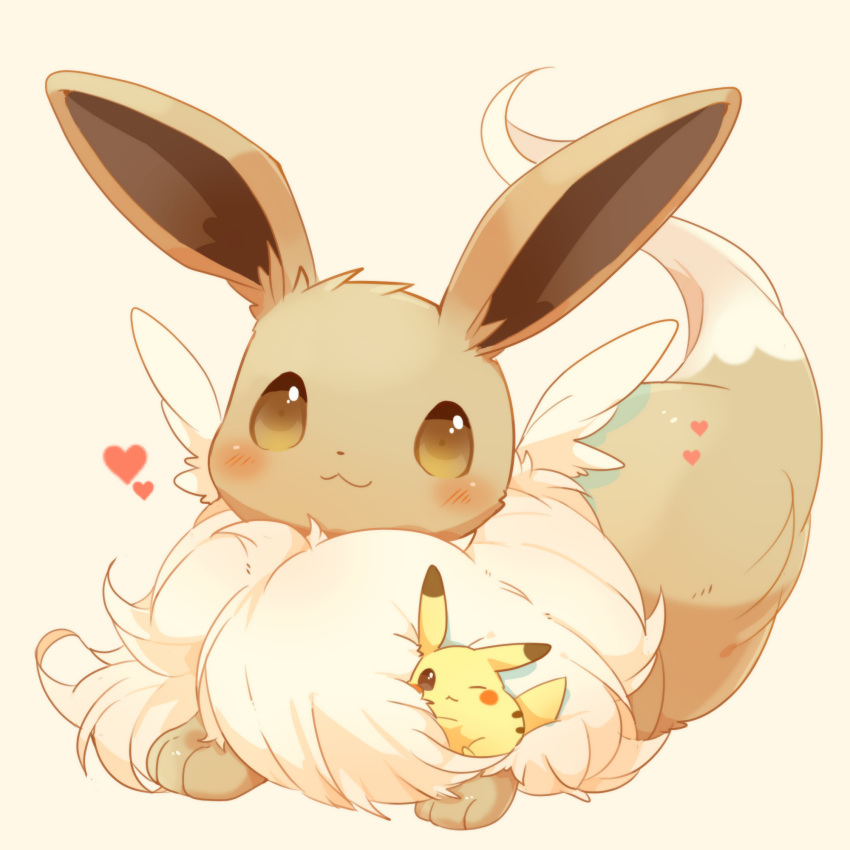 :3 blush brown_eyes closed_mouth commentary_request eevee fur gen_1_pokemon heart highres looking_at_viewer no_humans one_eye_closed paws pikachu pokemon pokemon_(creature) smile ushiina