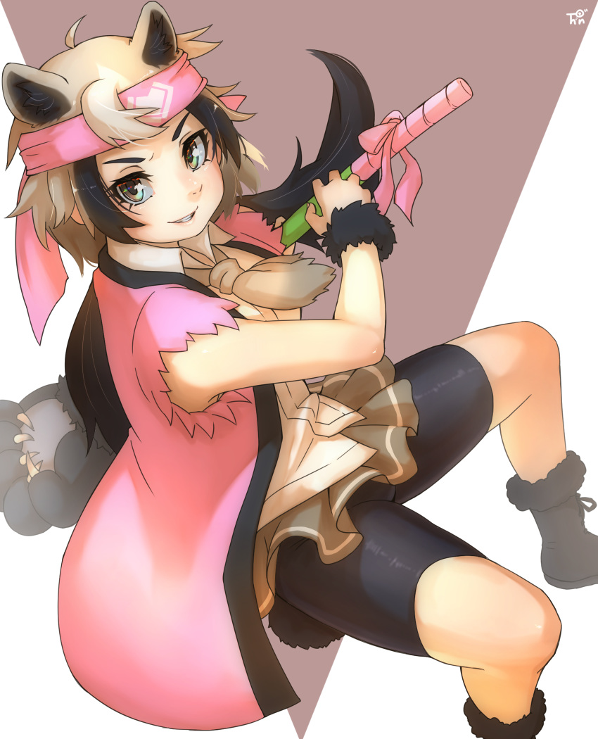 1girl ahoge animal_ear_fluff animal_ears bare_arms bear_ears bear_girl bear_paw_hammer bear_tail bike_shorts black_footwear black_hair blonde_hair boots brown_eyes commentary extra_ears ezo_brown_bear_(kemono_friends) fur-trimmed_boots fur_trim grey_skirt headband highres kemono_friends long_hair looking_at_viewer low_twintails miniskirt multicolored_hair parted_lips pink_coat shirt simple_background skirt smile smirk solo tail thin_(suzuneya) twintails two-tone_hair v-shaped_eyebrows white_shirt wing_collar