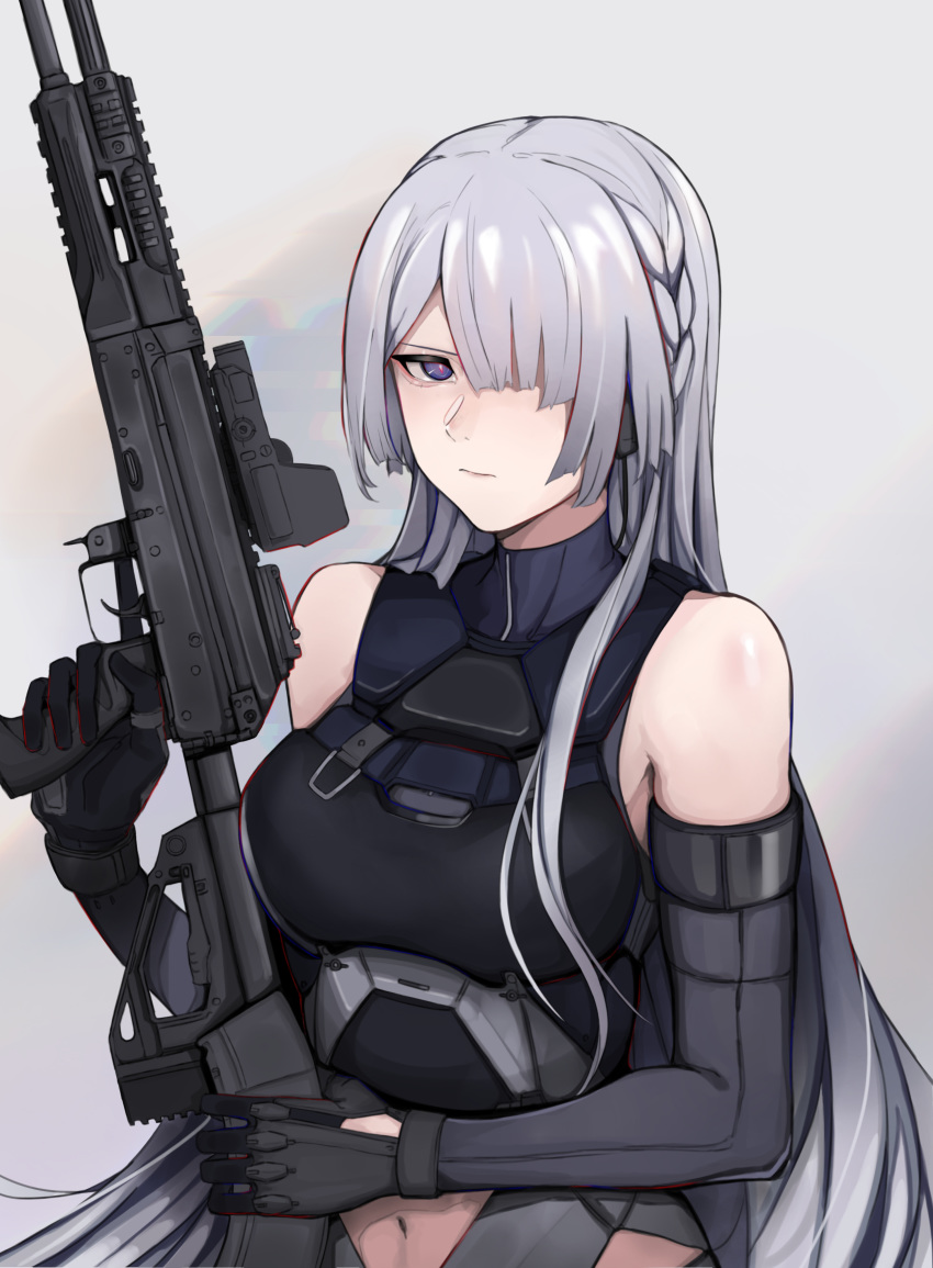 1girl absurdres ak-15_(girls_frontline) assault_rifle bangs bare_shoulders black_gloves braid closed_mouth clothing_cutout elbow_gloves girls_frontline gloves gun hair_over_one_eye highres holding holding_gun holding_weapon long_hair navel navel_cutout one_eye_covered rifle saiun_sigma shirt side_braid silver_hair sleeveless sleeveless_shirt tactical_clothes violet_eyes weapon