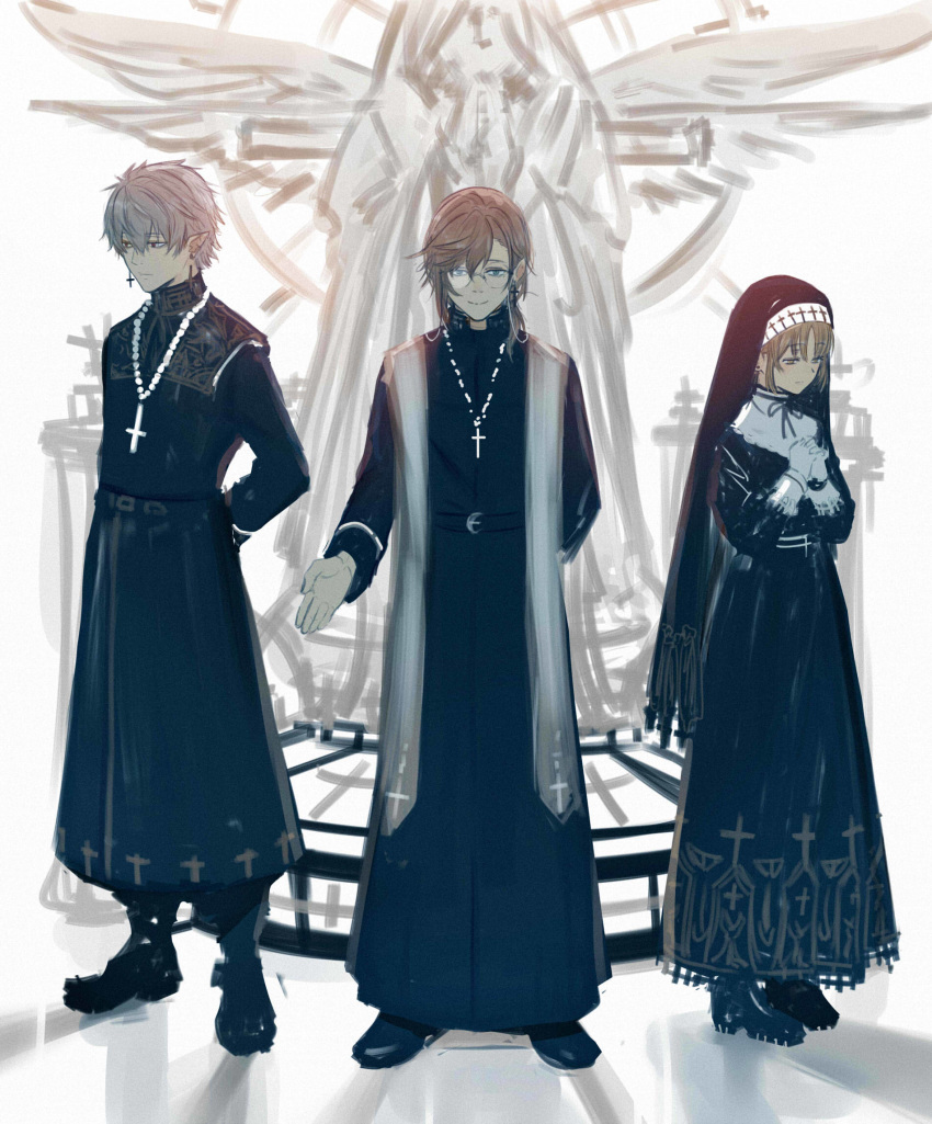 1girl 2boys angel_statue arm_behind_back arms_behind_back black_dress black_footwear black_robe brown_hair closed_mouth cross cross_earrings cross_necklace dress earrings glasses gloves grey_background habit hands_clasped highres isshiki_(ffmania7) jewelry kanae_(nijisanji) kuzuha_(nijisanji) latin_cross long_hair long_sleeves looking_at_viewer multiple_boys necklace nijisanji nun own_hands_together pointy_ears shoes sister_cleaire smile statue veil virtual_youtuber white_gloves