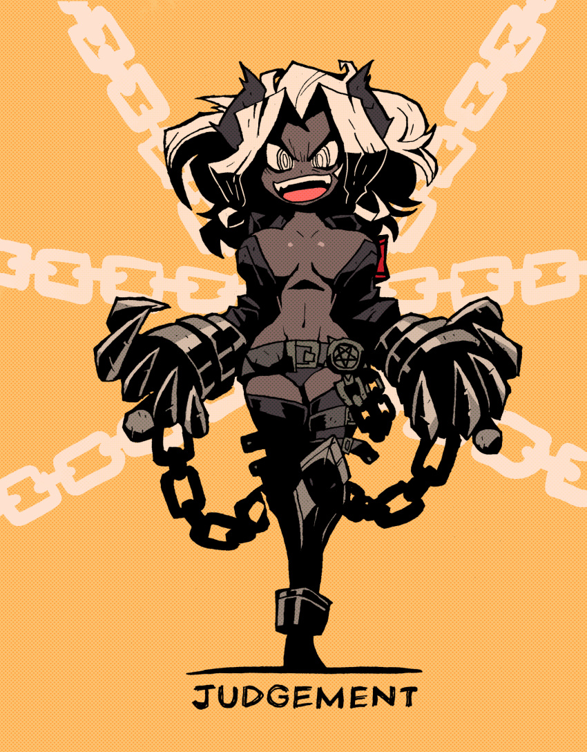 1girl :d black_skin breasts breasts_apart chain character_name claws demon_girl demon_horns full_body helltaker highres horns jacket judgement_(helltaker) large_breasts looking_at_viewer navel open_mouth orange_background rariatto_(ganguri) ringed_eyes simple_background smile solo standing thigh-highs white_eyes white_hair