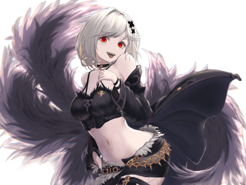 1girl :d alter_ego_malevolent_(granblue_fantasy) bangs black_choker black_coat black_nails black_shorts bracelet breasts choker coat collarbone cowboy_shot djeeta_(granblue_fantasy) granblue_fantasy hair_ornament hair_tubes highres jewelry looking_at_viewer medium_breasts midriff nail_polish navel open_clothes open_coat open_mouth red_eyes short_hair short_shorts shorts silver_hair simantiu simple_background smile solo standing stomach swept_bangs tongue tongue_out white_background