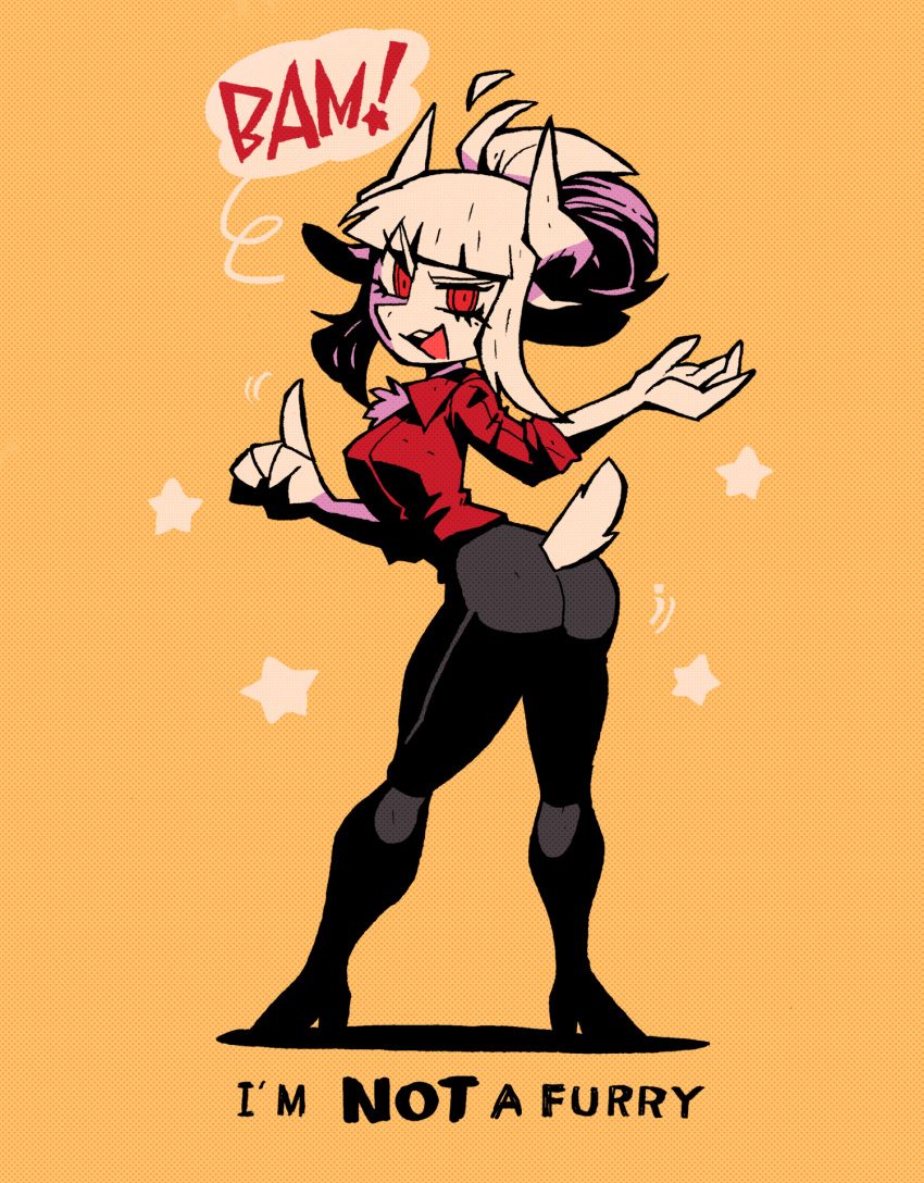 1girl ass black_pants breasts english_text from_behind full_body furry goat_girl goat_horns goat_tail helltaker highres horns index_finger_raised looking_at_viewer lucifer_(helltaker) orange_background pants rariatto_(ganguri) red_eyes red_shirt shirt simple_background snout solo standing star_(symbol) white_hair