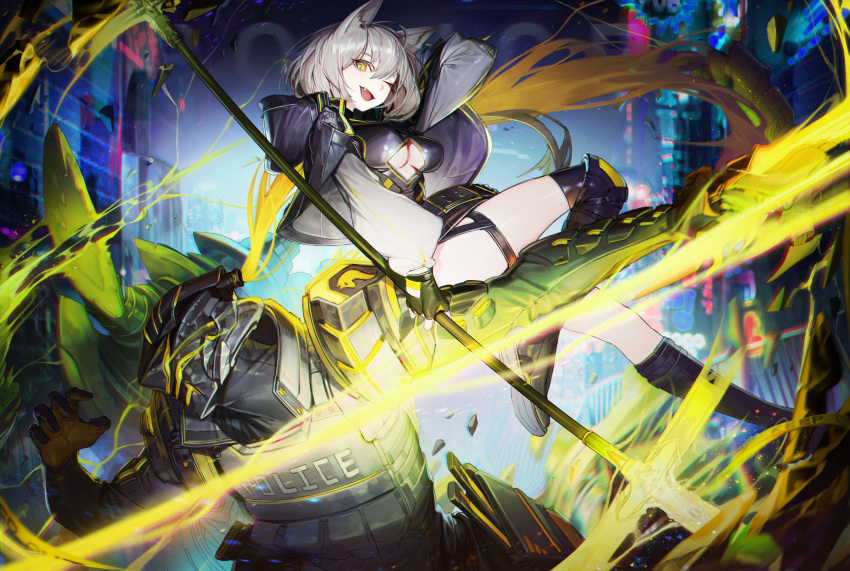 1boy 1girl :d absurdres animal_ears black_jacket black_legwear breasts bulletproof_vest chyan dog_ears fang fighting future_police_(chyan) grey_hair highres holding holding_spear holding_weapon hood hood_down hooded_jacket jacket knee_pads kneehighs long_sleeves looking_at_viewer medium_breasts medium_hair one_eye_closed open_clothes open_jacket open_mouth original polearm police robot slit_pupils smile spear thigh_strap weapon yellow_eyes