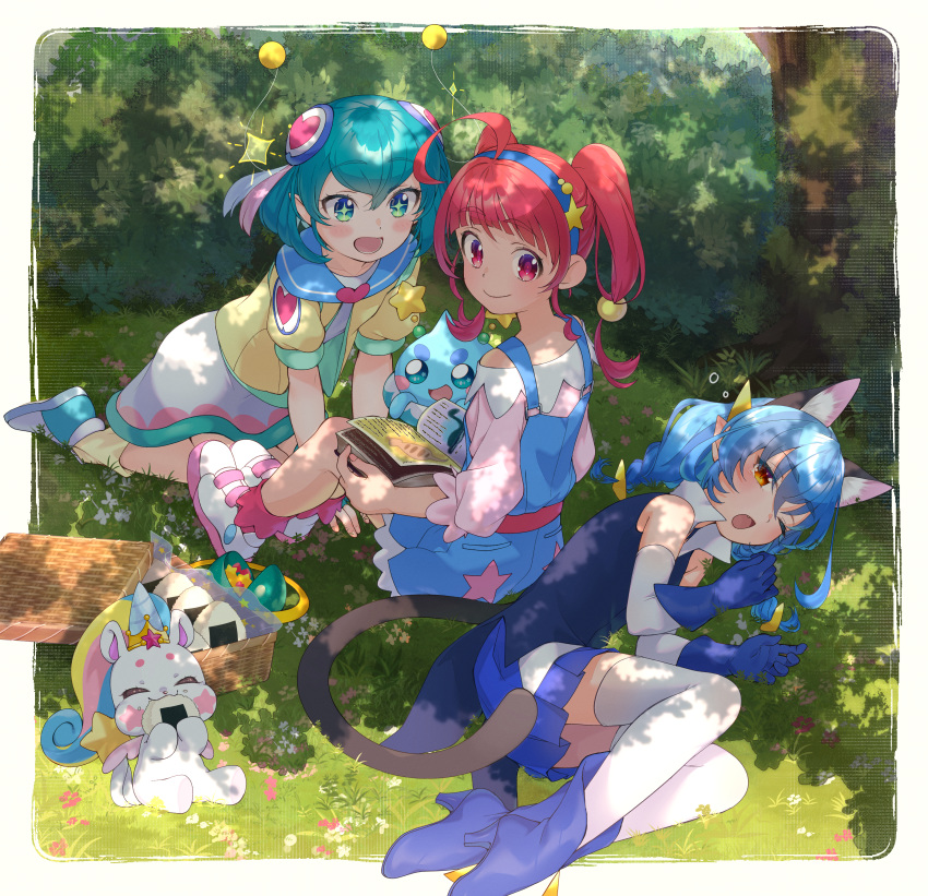 +_+ 3girls :d absurdres ahoge animal_ears aqua_hair blue_footwear blue_gloves blue_hair blue_hairband blue_jacket blue_overalls blue_skirt blush boots braid bun_cover cat_ears cat_tail closed_eyes closed_mouth detached_sleeves eating fetal_position fuwa_(precure) gloves green_eyes hagoromo_lala hair_ornament hairband high_heel_boots high_heels highres hoshina_hikaru huge_filesize jacket kneeling leaning_forward long_hair long_sleeves looking_back lying miniskirt multiple_girls off-shoulder_shirt off_shoulder on_side open_mouth orange_eyes pink_shirt pleated_skirt pointy_ears precure prunce_(precure) red_eyes red_legwear redhead shiny shiny_hair shirt sitting skirt sleeveless sleeveless_jacket smile socks star_(symbol) star_hair_ornament star_twinkle_precure tail thigh-highs twin_braids unicorn white_legwear white_skirt white_sleeves yellow_legwear yuni_(precure) yupiteru