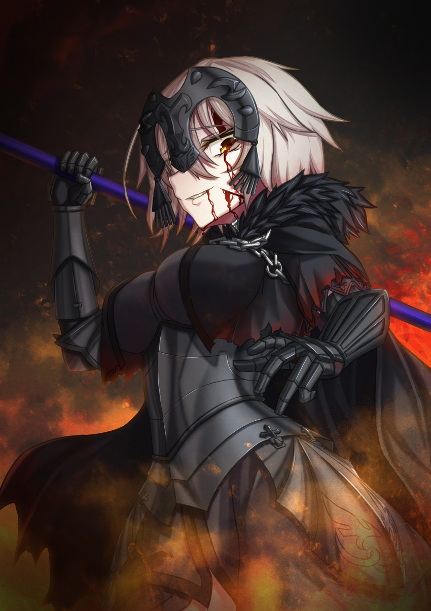 1girl absurdres armor armored_dress bangs black_background black_dress blood blood_on_face breasts chain dress eyebrows_visible_through_hair fate/grand_order fate_(series) faulds gauntlets hair_between_eyes headpiece highres holding jeanne_d'arc_(alter)_(fate) jeanne_d'arc_(fate)_(all) lesailes2019 looking_at_viewer medium_breasts short_hair silver_hair solo standing yellow_eyes