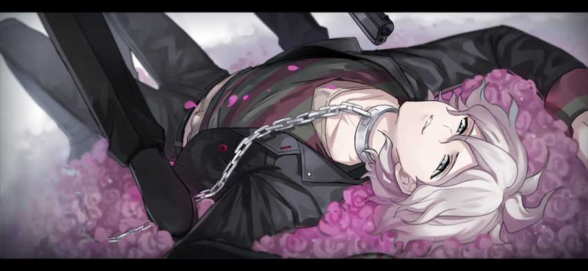 1boy bangs black_jacket black_pants chain chained collar collarbone dangan_ronpa field flower flower_field grey_eyes grin gun holding jacket komaeda_nagito letterboxed long_sleeves looking_at_viewer lying male_focus on_back pants pink_flower shirt smile solo_focus standing teeth unagi_(515816703) weapon white_hair zettai_zetsubou_shoujo