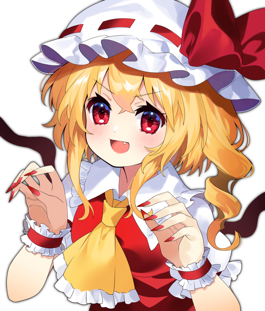 1girl :d ascot blonde_hair blush bow breasts claw_pose commentary_request drill_hair eyebrows_visible_through_hair fang fingernails flandre_scarlet frilled_cuffs frilled_shirt_collar frills hat hat_bow hat_ribbon highres looking_at_viewer mob_cap open_mouth puffy_short_sleeves puffy_sleeves red_bow red_eyes red_nails red_ribbon red_vest ribbon sharp_fingernails short_hair short_sleeves sidelocks simple_background small_breasts smile solo touhou upper_body v-shaped_eyebrows vest white_background white_headwear wings yellow_neckwear yuujin_(yuzinn333)