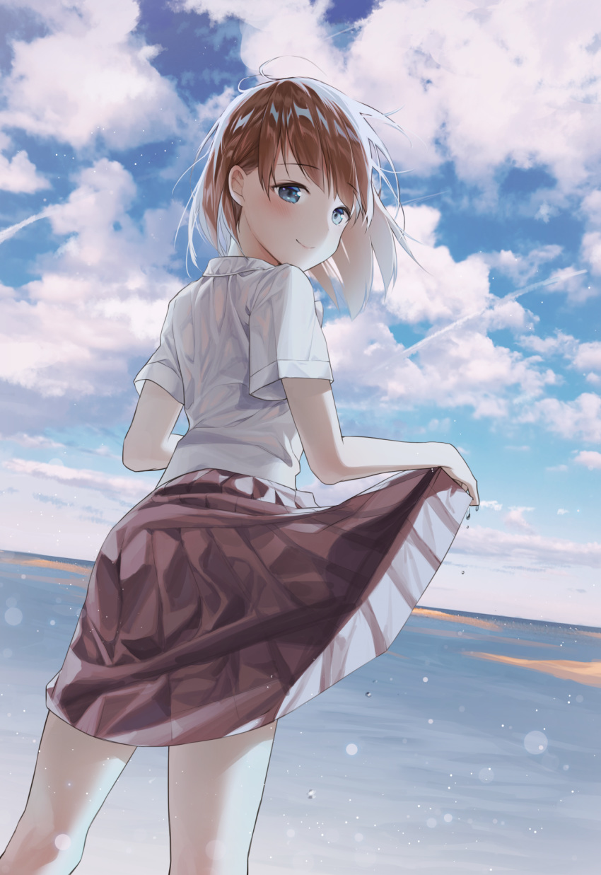 1girl alpha_(ypalpha79) bangs blue_eyes brown_hair brown_skirt closed_mouth clouds day dutch_angle eyebrows_visible_through_hair floating_hair highres lifted_by_self looking_at_viewer looking_back medium_skirt ocean original outdoors pleated_skirt shiny shiny_hair shirt short_hair short_sleeves skirt skirt_lift smile solo wet wet_clothes wet_shirt white_shirt