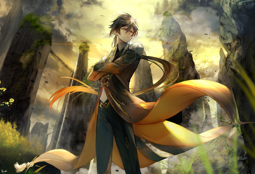 1boy bangs bird black_hair black_jacket border0715 clouds commentary_request crossed_arms feet_out_of_frame formal frown genshin_impact gradient_hair grass highres jacket long_hair long_jacket long_ponytail looking_at_viewer male_focus monument multicolored_hair open_clothes open_jacket orange_eyes orange_hair orange_sky ponytail shirt sky solo suit two-tone_hair very_long_hair white_shirt zhongli_(genshin_impact)