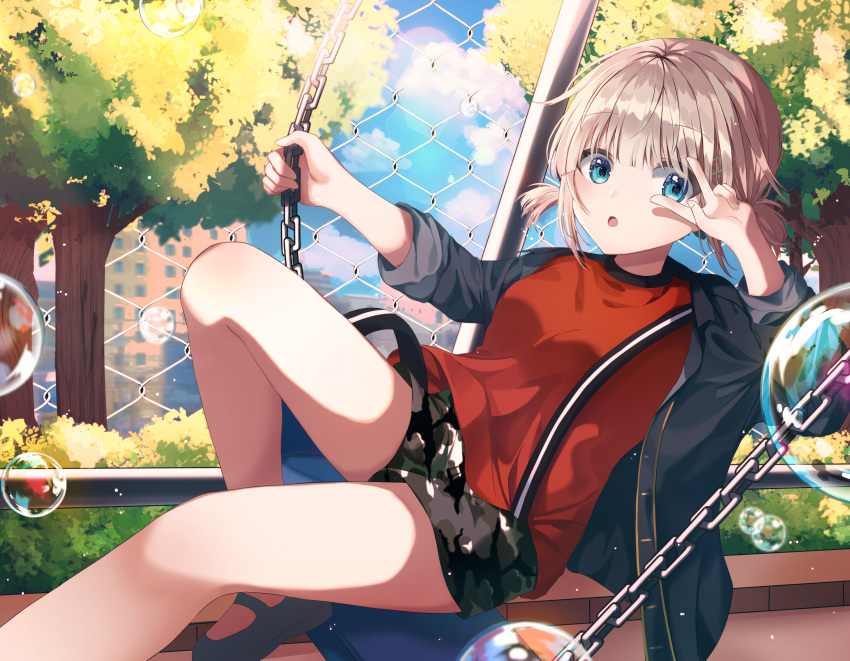 1girl :o absurdres bangs black_jacket blonde_hair blue_eyes breasts bubble bush camouflage clouds eyebrows_visible_through_hair fence highres idolmaster idolmaster_shiny_colors jacket knee_up looking_at_viewer medium_breasts nanna_(heyj2888) open_clothes open_jacket open_mouth outdoors red_shirt serizawa_asahi shirt short_hair shorts sitting sky sleeves_rolled_up solo swing swing_set swinging tree two_side_up v_over_eye