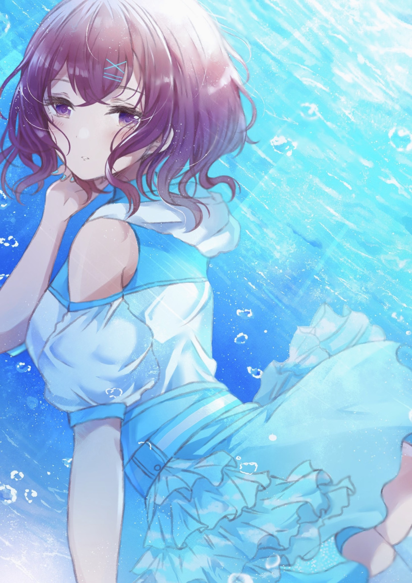 1girl bare_shoulders blue_leotard blue_skirt blush breasts dress highres higuchi_madoka idol idolmaster idolmaster_shiny_colors large_breasts leotard leotard_under_clothes looking_at_viewer namamake noctchill_(idolmaster) purple_hair short_hair skirt solo thigh-highs underwater violet_eyes