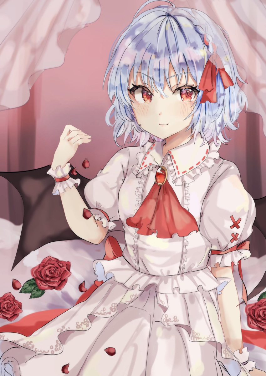 1girl ahoge arm_support bed blue_hair blush braid brooch canopy_bed closed_mouth commentary_request cravat dress eyebrows_visible_through_hair flat_chest floor flower frilled_cuffs frilled_shirt_collar frills hair_ribbon highres jewelry maruro no_hat no_headwear on_bed petals pleated_skirt puffy_short_sleeves puffy_sleeves red_eyes red_neckwear red_ribbon remilia_scarlet ribbon rose short_hair short_sleeves sitting sitting_on_bed skirt smile solo symbol_commentary tied_hair touhou v-shaped_eyebrows wall white_dress