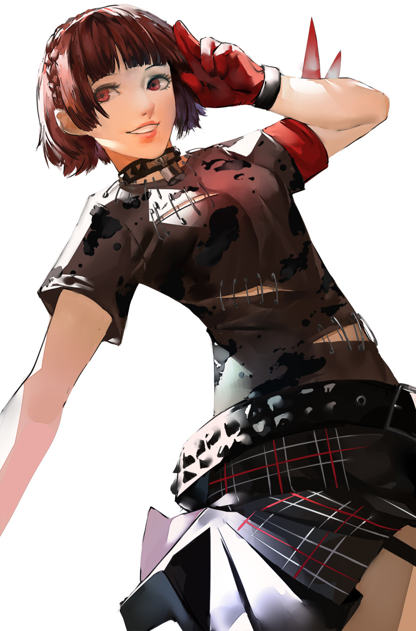 1girl :d alternate_costume arm_ribbon belt black_shirt blazpu braid brown_hair choker crown_braid garter_straps gloves hand_up highres lock niijima_makoto open_mouth persona persona_5 persona_5:_dancing_star_night plaid plaid_skirt red_eyes red_gloves red_ribbon ribbon shirt short_hair simple_background skirt smile solo studded_belt t-shirt torn_clothes torn_shirt white_background