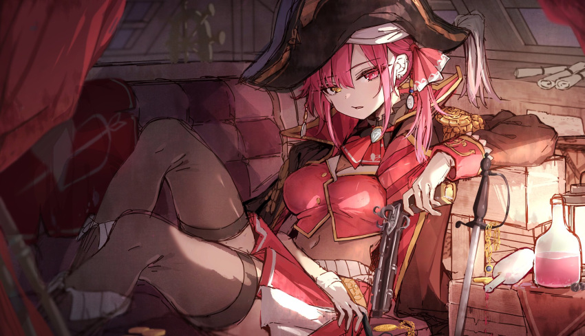 1girl antique_firearm ascot beads blurry boat_interior boots bottle brooch brown_legwear checkered couch crop_top curtains darjeeling_(reley) depth_of_field earrings firearm firelock flintlock gun hair_beads hair_ornament hat heterochromia highres holding holding_gun holding_weapon hololive houshou_marine indoors jewelry knee_boots knee_up lantern looking_at_viewer navel necklace nightstand parted_lips pirate pirate_costume pirate_hat pocket_watch reclining red_eyes red_skirt redhead saber_(weapon) ship_interior skirt solo sword thigh-highs virtual_youtuber watch weapon window zettai_ryouiki