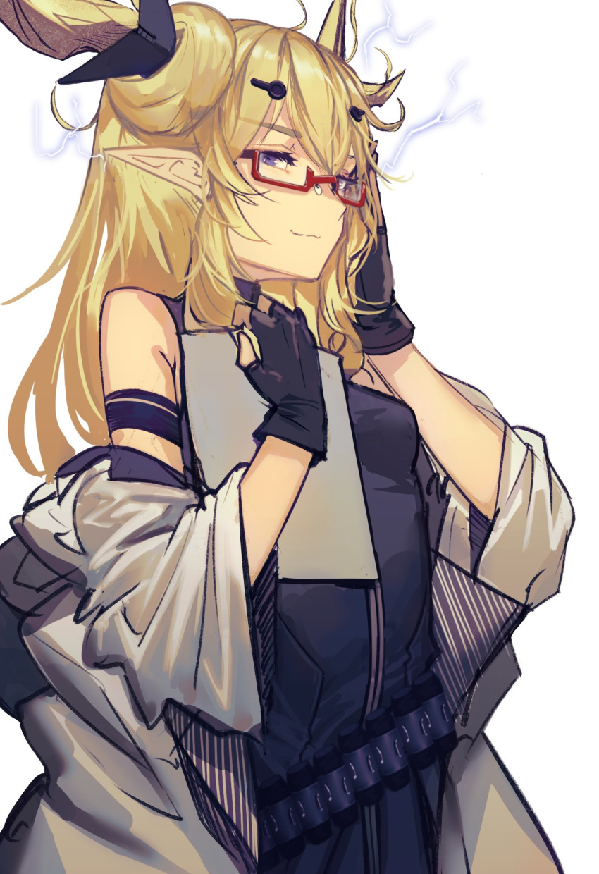 1girl :3 ammunition_belt arknights armband bespectacled black_dress black_gloves blonde_hair breasts closed_mouth coat commentary cowboy_shot dragon_horns dress electricity eyebrows_visible_through_hair eyelashes fingerless_gloves fixro2n glasses gloves hair_between_eyes half-closed_eyes highres holding holding_paper horns leizi_(arknights) long_hair looking_at_viewer medium_breasts off_shoulder paper pointy_ears red-framed_eyewear simple_background smile smirk solo turtleneck turtleneck_dress violet_eyes white_background white_coat