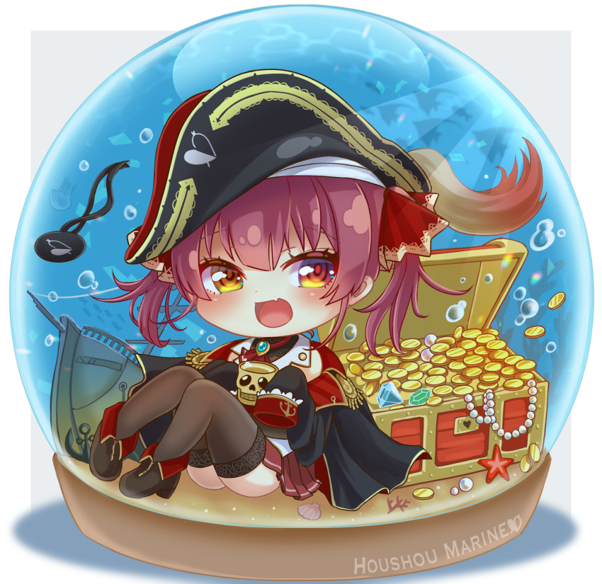 1girl :d black_legwear blush brown_eyes bubble character_name chibi commentary_request diamond_(gemstone) eyepatch eyepatch_removed fang full_body gold_coin hat highres hololive houshou_marine jewelry looking_at_viewer mihanada_kanata necklace open_mouth pearl_(gemstone) pearl_necklace pirate_hat redhead shadow shell ship sitting skin_fang skull sleeves_past_fingers sleeves_past_wrists smile snow_globe solo starfish thigh-highs treasure_chest twintails virtual_youtuber watercraft