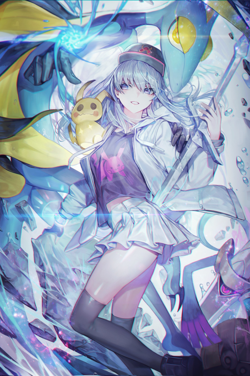 1girl absurdres aegislash black_footwear black_legwear character_print chyan gen_1_pokemon gen_6_pokemon gen_7_pokemon gen_8_pokemon grey_hair grey_shirt grey_skirt highres holding inteleon jacket kneehighs long_hair mimikyu open_clothes open_jacket original parted_lips pikachu pleated_skirt pokemon pokemon_(creature) pokemon_(game) pokemon_swsh shirt shoes skirt smile solo water white_jacket