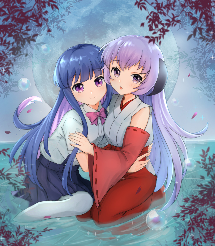2girls :o absurdres blue_hair blue_skirt blurry bow bowtie branch bubble closed_mouth depth_of_field detached_sleeves full_moon furude_rika hakama hanyuu highres higurashi_no_naku_koro_ni horns hug japanese_clothes light_smile long_hair looking_at_viewer moon multicolored_hair multiple_girls pantyhose partially_submerged pink_bow pleated_skirt purple_bow purple_hair red_hakama sand_(redsunny924) school_uniform sitting skirt two-tone_hair violet_eyes water white_legwear wide_sleeves