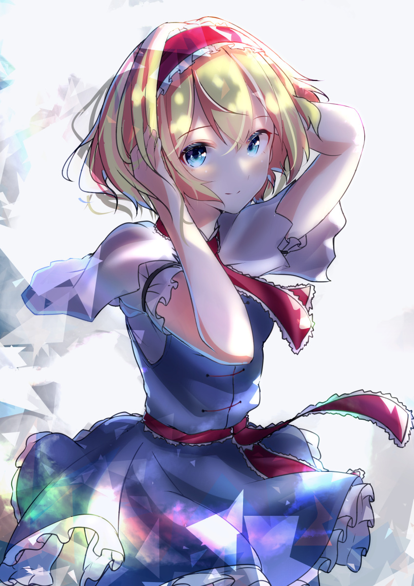 1girl absurdres alice_margatroid arms_up blonde_hair blue_dress blue_eyes blush breasts capelet closed_mouth commentary_request cowboy_shot dress hairband hand_in_hair highres lens_flare looking_at_viewer overexposure petticoat puffy_short_sleeves puffy_sleeves red_neckwear red_ribbon rei_(farta_litia) ribbon short_hair short_sleeves small_breasts smile solo standing touhou