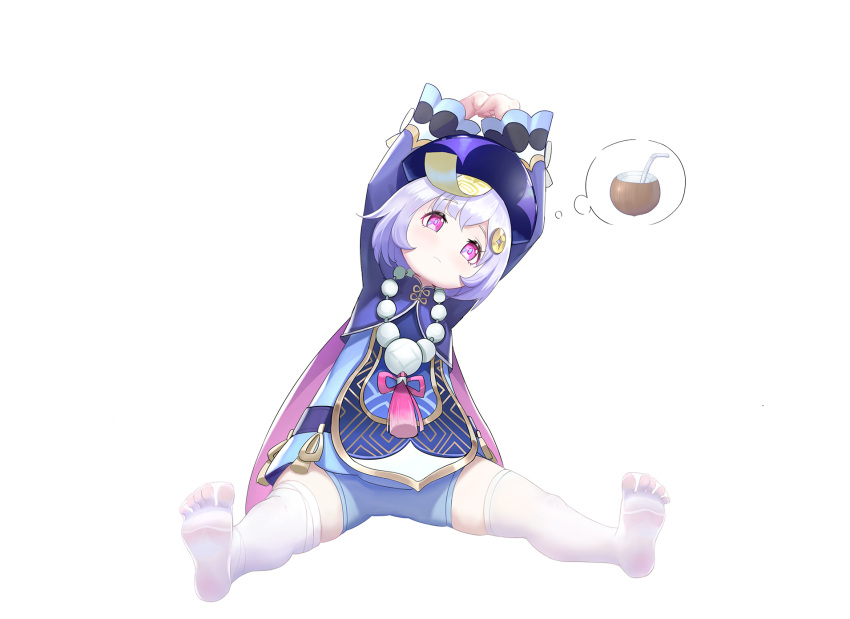 1girl arms_up bangs bendy_straw blue_dress blue_shorts coconut commentary_request dress drinking_straw eyebrows_visible_through_hair fruit_cup full_body genshin_impact hair_ornament hat highres leaning_to_the_side long_sleeves pantyhose purple_hair purple_headwear qing_guanmao qiqi short_shorts shorts simple_background sitting soles solo takanoriha_kasui talisman thought_bubble violet_eyes white_background white_legwear wide_sleeves