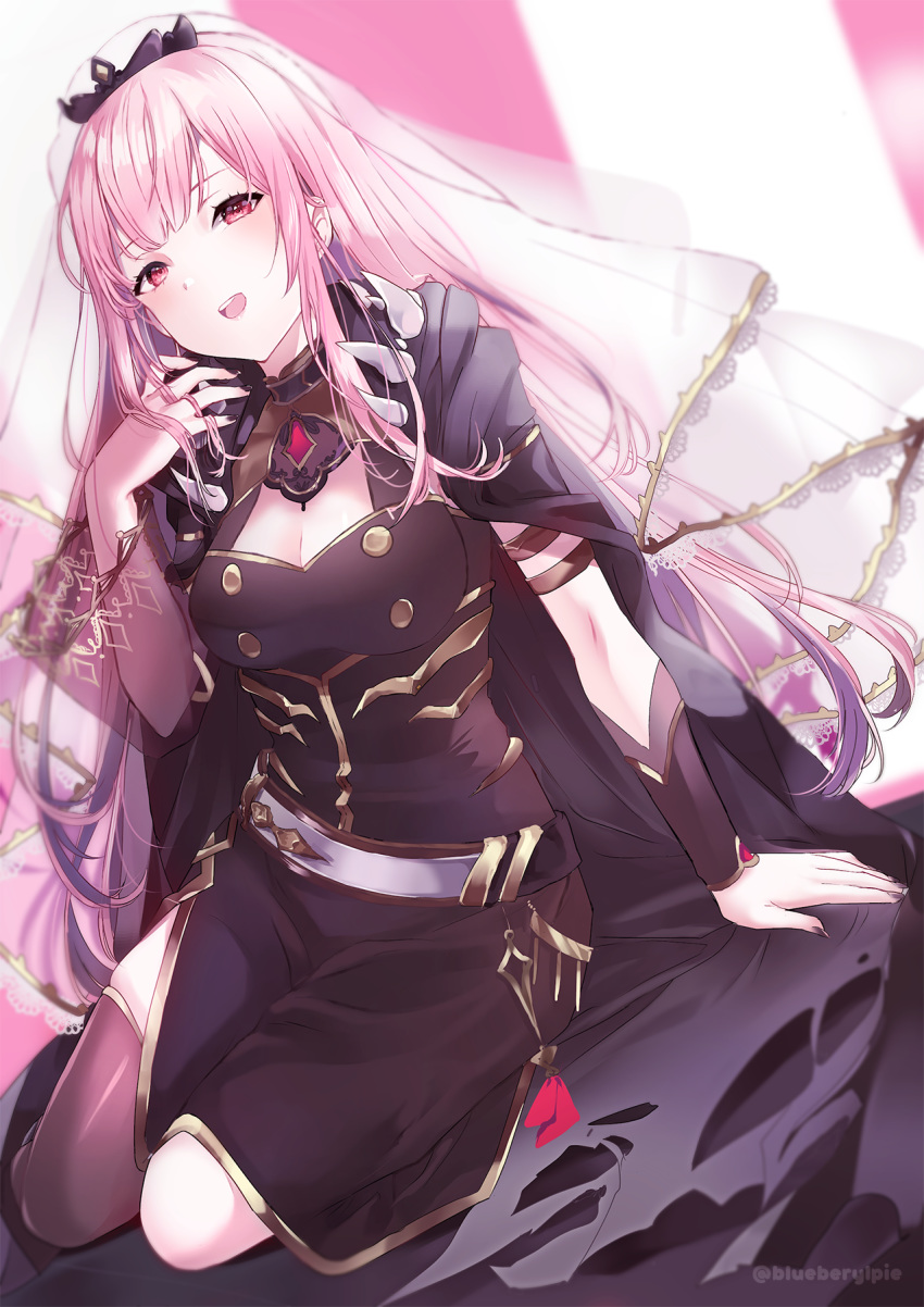1girl :d arm_support beryl_(blueberylpie) black_cape black_legwear black_nails breasts cape fingernails hair_tousle highres hololive hololive_english long_hair looking_at_viewer medium_breasts mori_calliope open_mouth pink_eyes pink_hair shoulder_spikes single_thighhigh sitting smile solo spikes thigh-highs twitter_username upper_teeth veil wide_sleeves yokozuwari