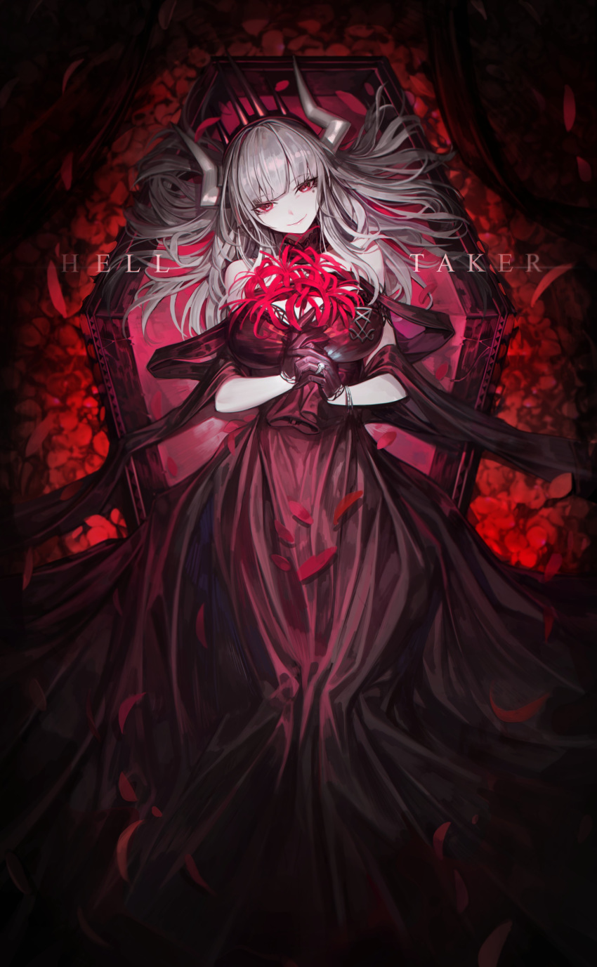 1girl absurdres black_dress bouquet breasts chyan closed_mouth coffin demon_horns dress eyebrows_visible_through_hair flower grey_hair hair_spread_out head_tilt helltaker highres holding holding_bouquet horns large_breasts long_dress long_hair looking_at_viewer lucifer_(helltaker) mole mole_under_eye petals red_eyes red_flower smile solo spider_lily