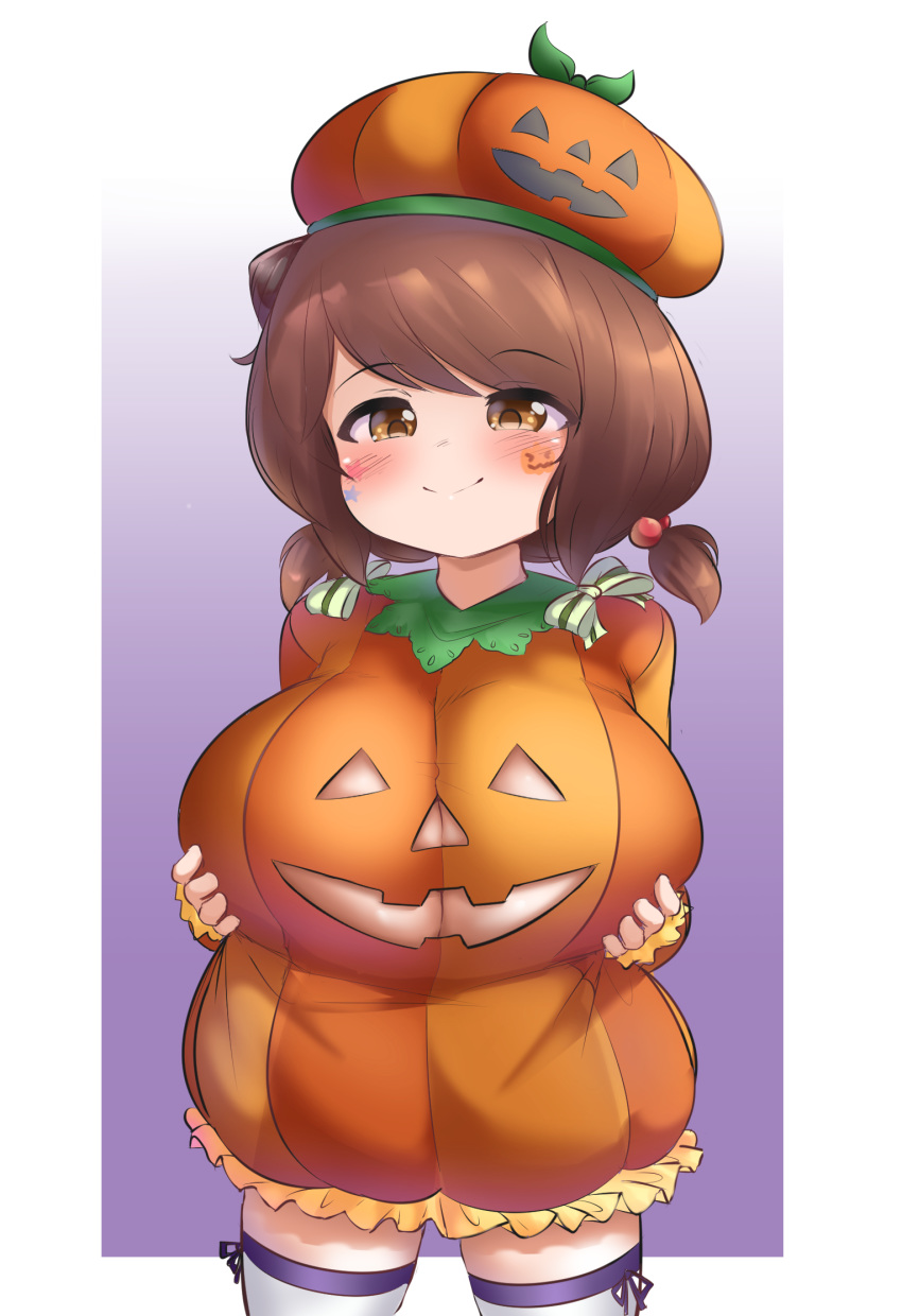 1girl breasts draph dress granblue_fantasy halloween halloween_costume highres jack-o'-lantern large_breasts oppai_loli petite pldf pumpkin pumpkin_hat short_stack yaia_(granblue_fantasy)