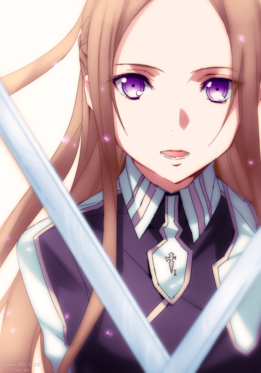 1girl abec braid brown_hair colorized french_braid highres long_hair rikusempai solo sortiliena_serlut sword sword_art_online upper_body very_long_hair violet_eyes watermark weapon white_background wing_collar