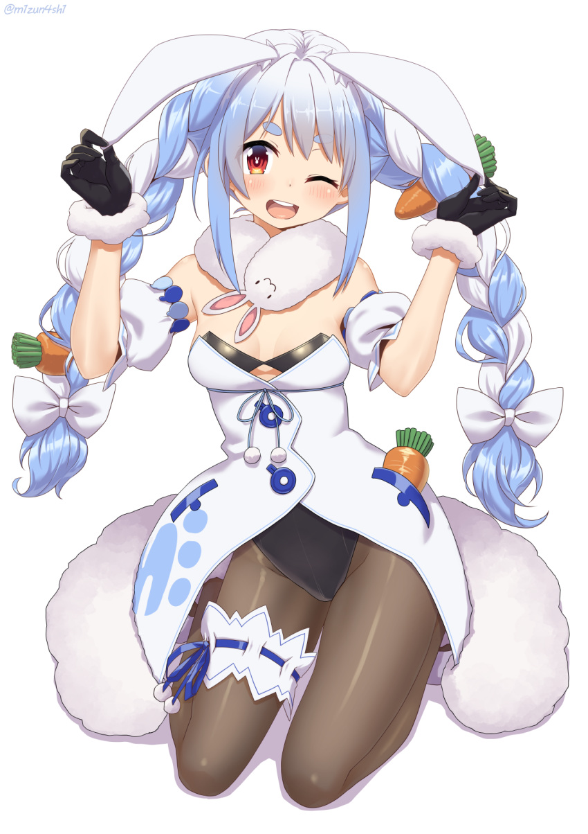 1girl ;d animal_ears arms_up bangs bare_shoulders black_gloves black_leotard blue_hair bow braid breasts carrot_hair_ornament commentary_request detached_sleeves don-chan_(usada_pekora) dress eyebrows_visible_through_hair food_themed_hair_ornament full_body fur-trimmed_dress fur-trimmed_gloves fur_trim gloves groin hair_bow hair_ornament highres holding_ears hololive kneeling leotard long_hair looking_at_viewer mizunashi_(second_run) multicolored_hair one_eye_closed open_mouth puffy_short_sleeves puffy_sleeves rabbit_ears red_eyes shadow short_eyebrows short_sleeves small_breasts smile strapless strapless_dress strapless_leotard thick_eyebrows twin_braids twintails two-tone_hair upper_teeth usada_pekora very_long_hair virtual_youtuber white_background white_bow white_dress white_hair white_sleeves