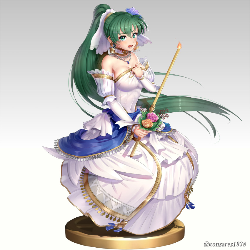 1girl bangs breasts commentary_request fire_emblem fire_emblem:_the_blazing_blade fire_emblem_heroes full_body gonzarez gradient gradient_background green_eyes green_hair highres long_hair lyn_(fire_emblem) medium_breasts ponytail shiny shiny_hair simple_background solo tied_hair