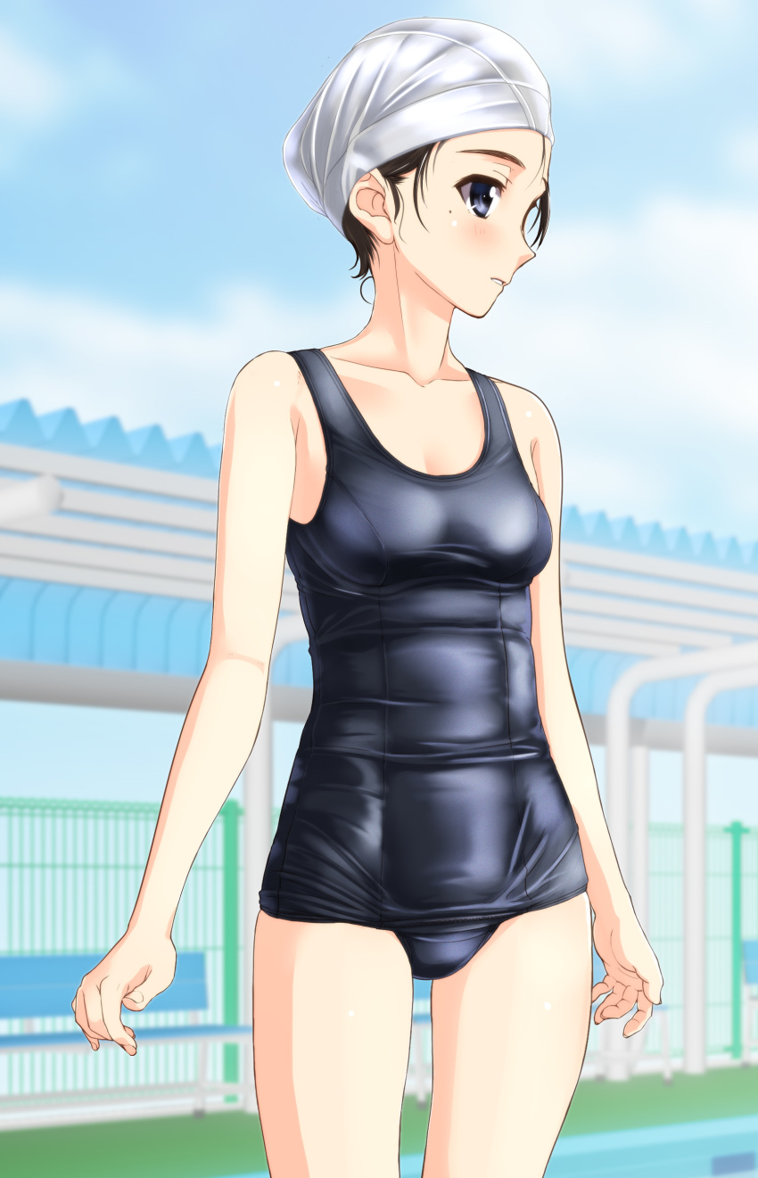 1girl absurdres black_eyes black_hair black_swimsuit blue_sky blurry clouds cowboy_shot day depth_of_field fence highres looking_to_the_side original outdoors school_swimsuit short_hair sky solo standing swim_cap swimsuit takafumi white_headwear