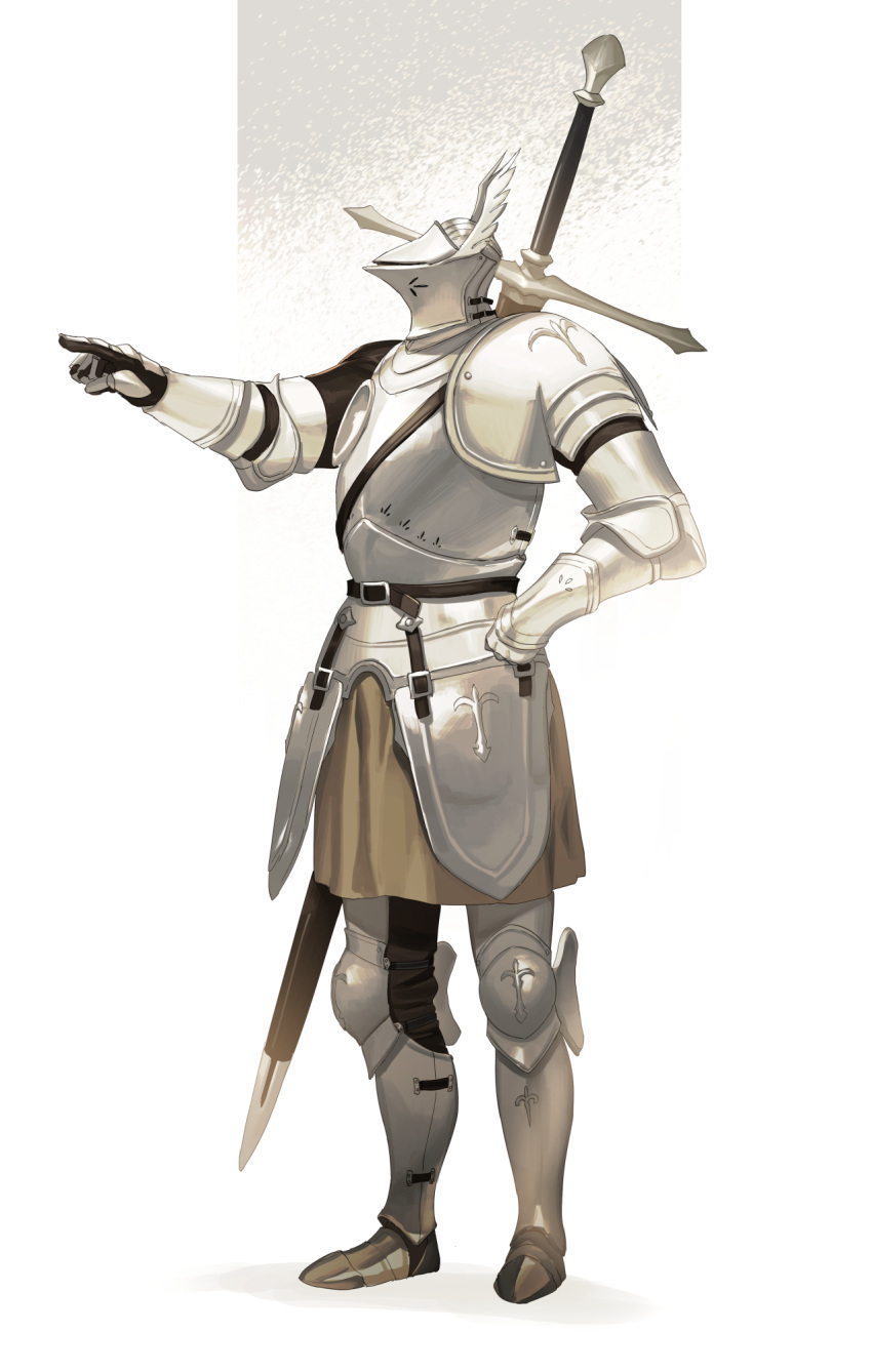 1other ambiguous_gender armor boots breastplate brown_pants covered_face faulds from_side full_armor full_body gauntlets hand_on_hip helmet highres km_yama long_sword metal_boots original pants pauldrons pointing profile shoulder_armor solo weapon weapon_on_back winged_helmet