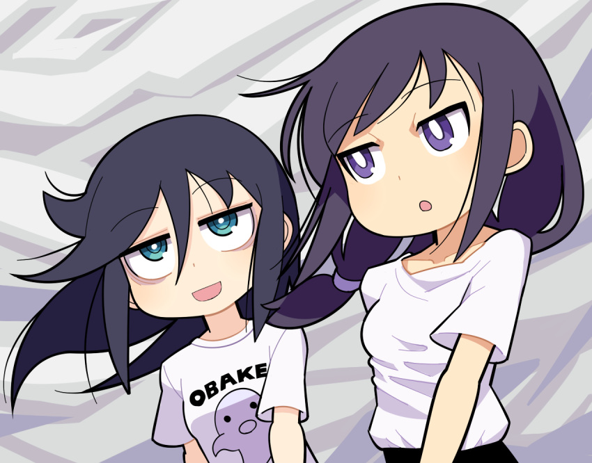 2girls :d :o arm_behind_back bags_under_eyes bangs black_hair black_pants breasts character_print clothes_writing clouds cloudy_sky commentary eyebrows_visible_through_hair floating_hair green_eyes hair_between_eyes hospital_king kuroki_tomoko long_hair looking_at_viewer looking_to_the_side low_twintails multiple_girls open_mouth pants print_shirt shirt shirt_tucked_in short_sleeves sky small_breasts smile tamura_yuri twintails upper_body violet_eyes watashi_ga_motenai_no_wa_dou_kangaetemo_omaera_ga_warui! white_shirt wind