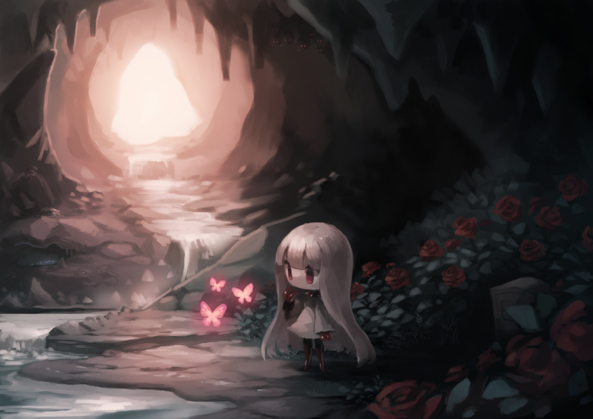 1girl absurdres bat bug butterfly cave dress eye_(okame_nin) fewer_digits flower from_side highres insect long_hair no_mouth okame_nin original rags red_eyes red_flower red_rose river rose rose_bush solo standing very_long_hair white_dress white_hair